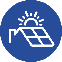 Icon of a solar panelled roof with the sun above