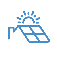 Icon of a solar panelled roof with the sun above
